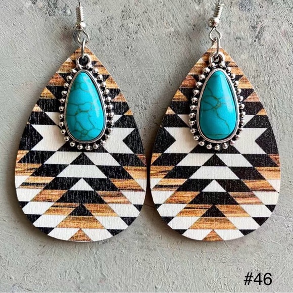 Jewelry - #46 | Aztec Black & Brown Teardrop Dangle Earrings with Turquoise Pendant.